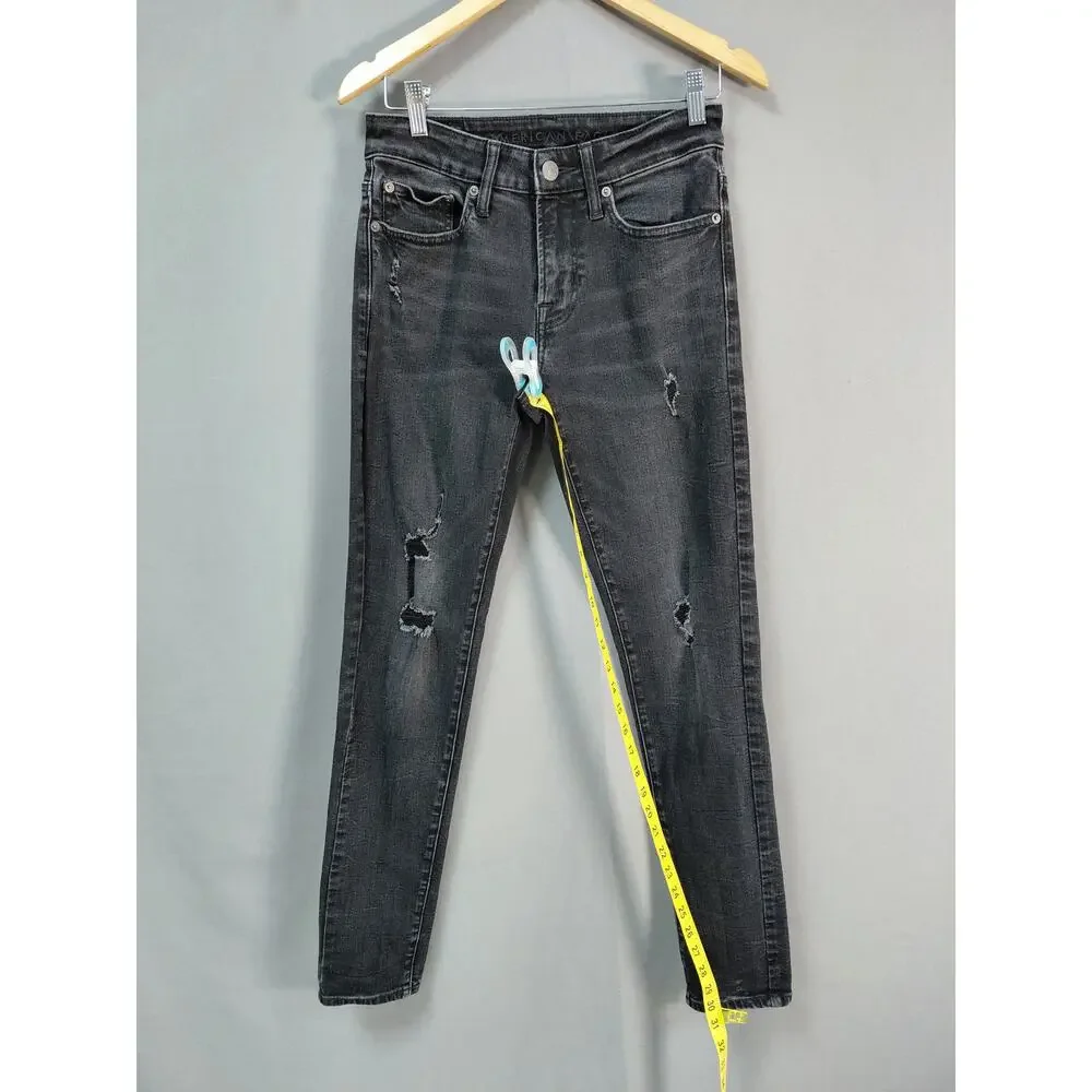 American Eagle Faded Black Distressed Skinny Flex Jeans Men See Measurement